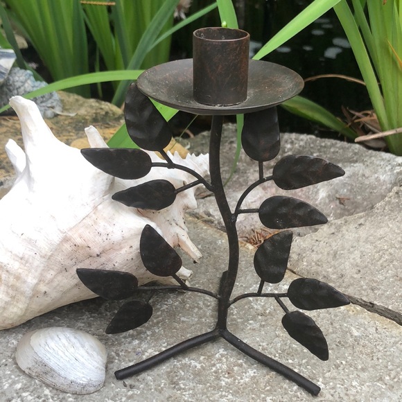 (1) Metal Candle Holder-Leaf Detail-Wrought Iron Look-7in tall